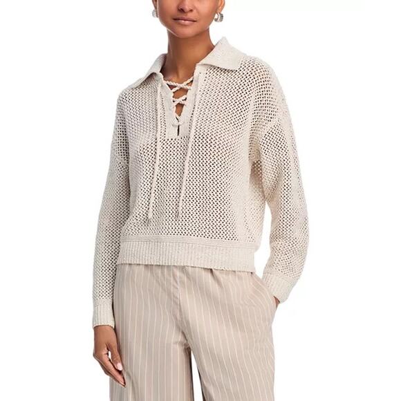 Joie Ivory Sequin Open Knit Lace-Up Collared Long Sleeve Pullover Sweater Medium - Picture 3 of 13